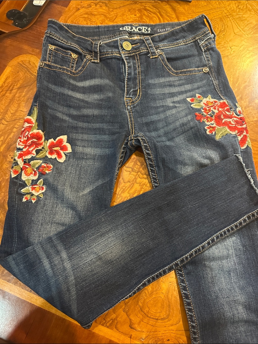 Grace Indigo Skinny Jeans with Red Floral Embroidery
